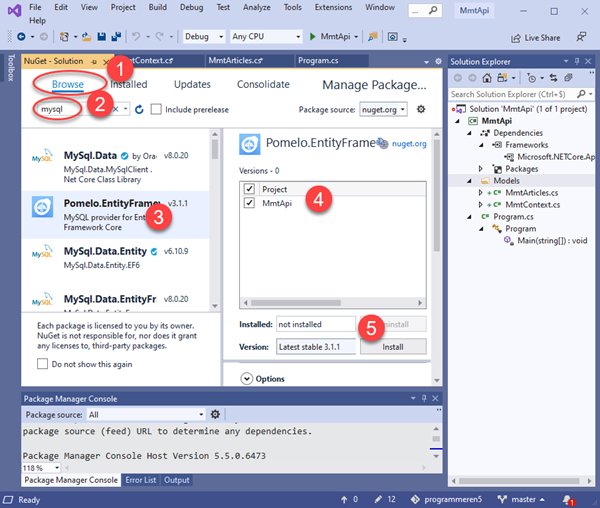Install Pomelo EntityFramework package